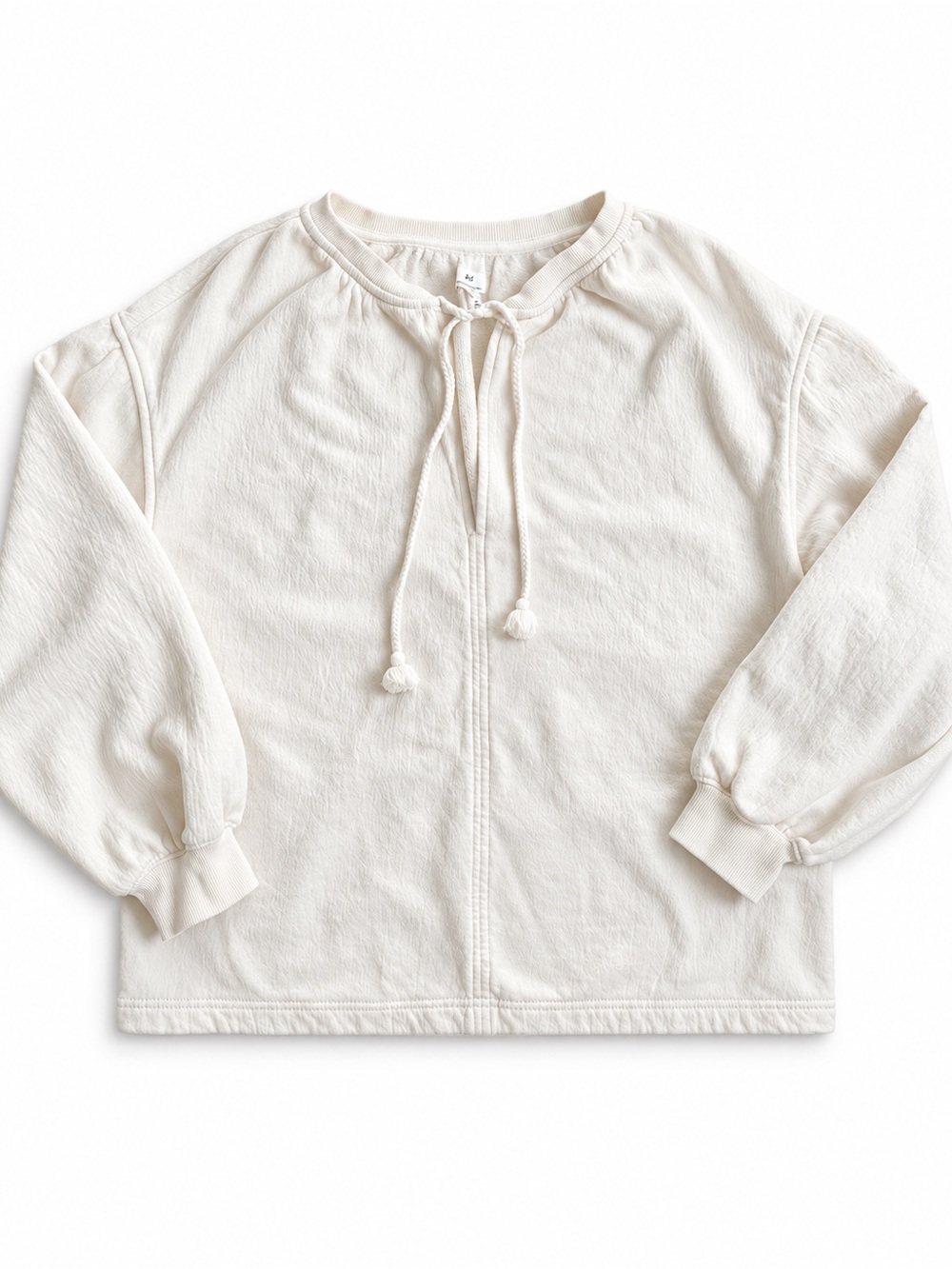 Aerie Small Ivory Textured Tie Neck Balloon Sleeve Pullover Top